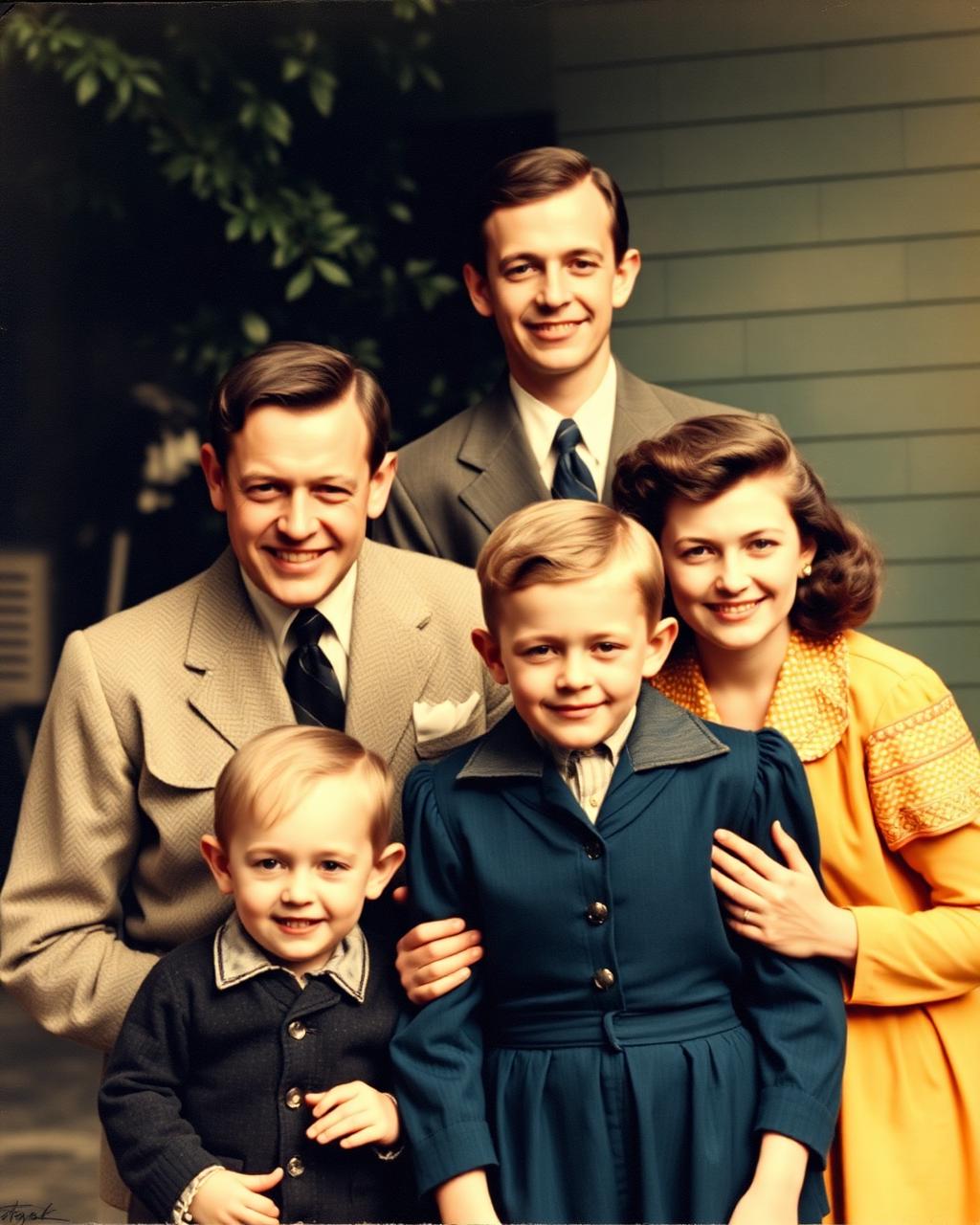 The same family portrait restored to vibrant color