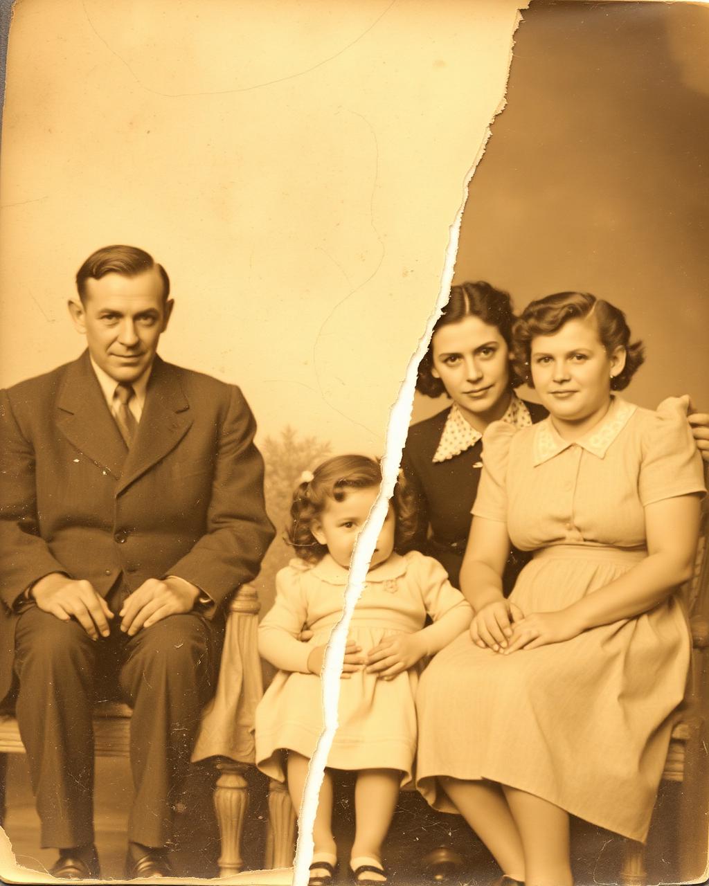 Damaged 1940s family portrait before restoration
